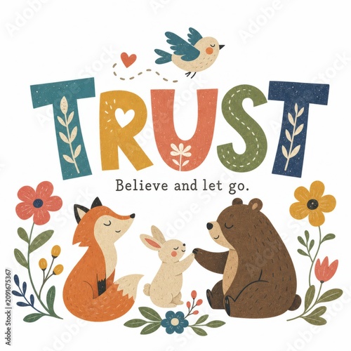 Whimsical Illustration of Trust Featuring Animals and Flowers with Bright Colors