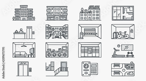 Professional Black and White Line Drawing Icons Set of Urban Living and Smart Home Elements for Web Design