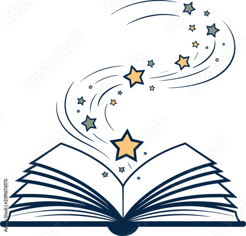 Open book with flying stars blue and golden color vector on white background.