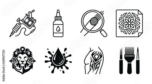 Tattoo artist tools and professional body art icons with magnifying equipment supplies professional creative