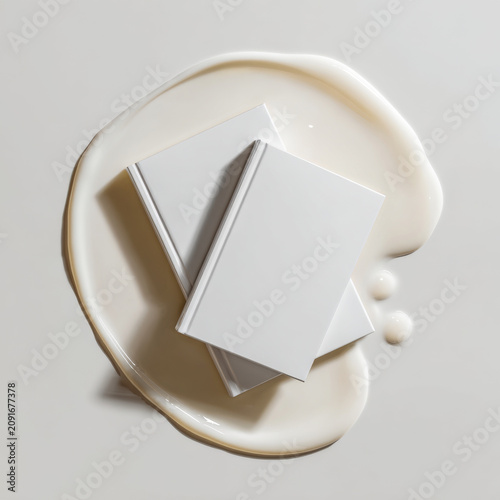 Flat lay of two white books on top of pool of creamy liquid, creating clean and minimalistic composition with soft lighting and shadows