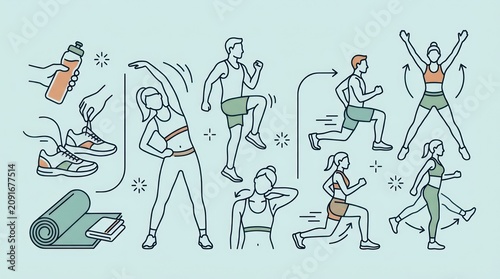 Fitness and Workout Exercise Illustration Set with People Training.