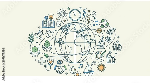 Global Unity Concept Illustration with Earth and Diverse Icons.