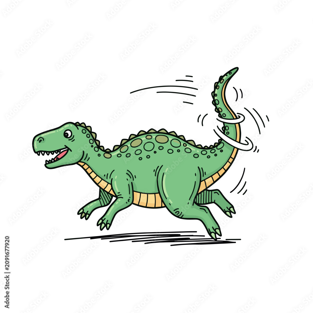 Fototapeta premium Fast green cartoon dinosaur running with waving tail.
