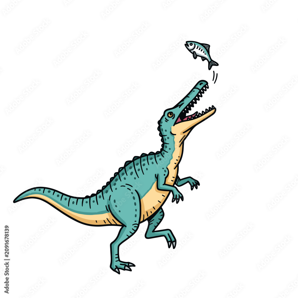 Obraz premium Green predatory dinosaur catching flying fish in mouth.