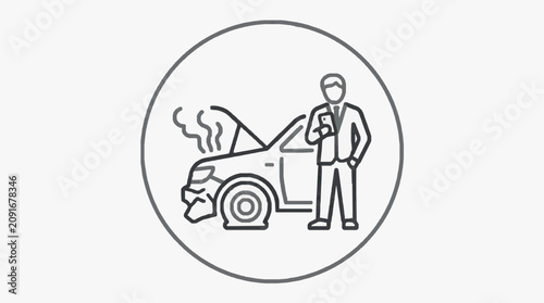 Photos Dynamic Black and White of Man Calling Roadside Assistance Near Broken Down Car