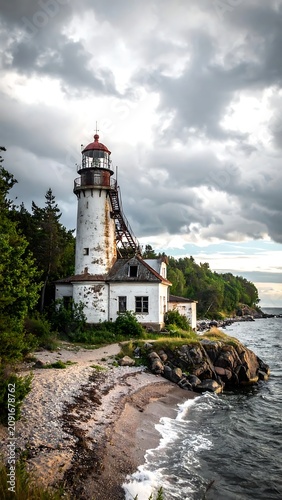 White Lighthouse on a Rocky Coast