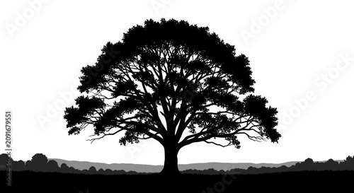 Принти на полотні Factual vector graphic of a majestic oak tree with sprawling branches, lush green leaves, and a textured trunk, isolated on a plain white background for landscape design applications