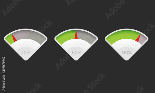 Speedometer gauge infographic vector set for performance indicator dashboards and progress tracking