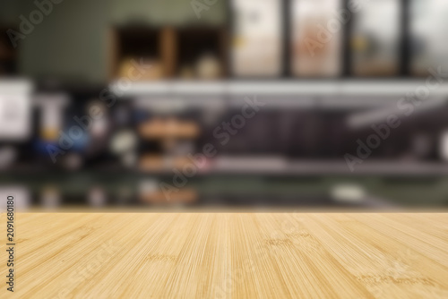 Natural Wooden Table Top with Blurred Kitchen Interior Background for Product Display.