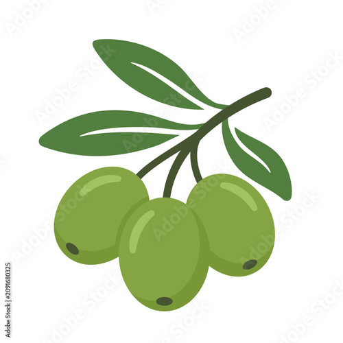 green olive with olive leaves flat vector illustration logo icon clipart isolated on white background