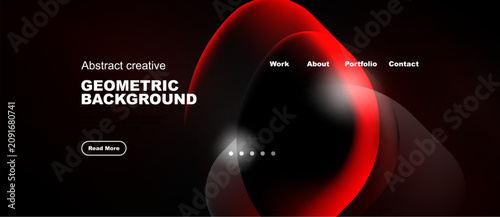 Dark background features vibrant red geometric shapes. Website header includes navigation options, text, button. Modern design aesthetic.