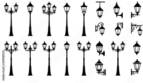 Bild auf Leinwand Set of Vintage Street Lamp Silhouette Icons Black Lamp Post and Wall Lantern Col