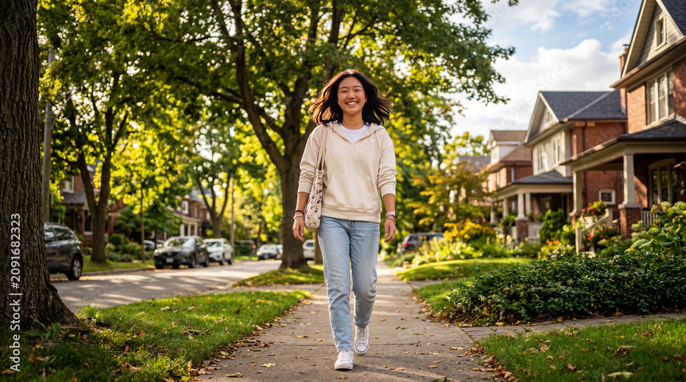 Fototapeta premium Radiant Young Girl Strolling Along a Leafy Suburban Neighborhood Sidewalk in Casual Attire