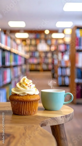 Cozy Cupcake and Steaming Coffee Cup on Wooden Table in Blurred Library
