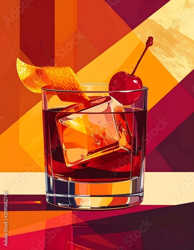 Cocktail with Ice Cube and Garnish on Colorful Background