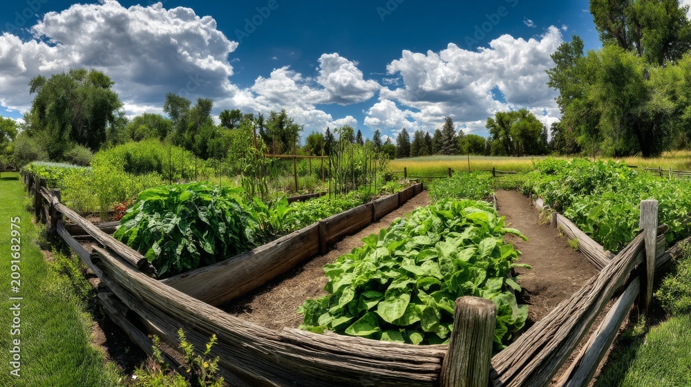 Naklejka premium Lush Vegetable Garden Surrounded by Vibrant Greenery and Majestic Blue Sky with Fluffy White Clouds in a Peaceful Rural Setting