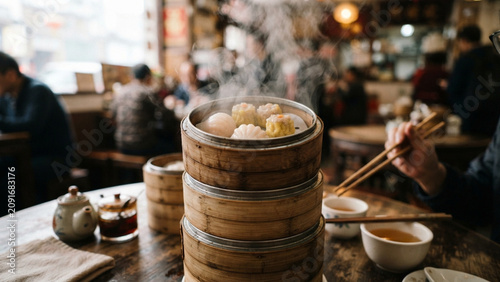 Traditional Hot Steaming Dim Sum Bamboo Baskets on Restaurant Table with Customers
