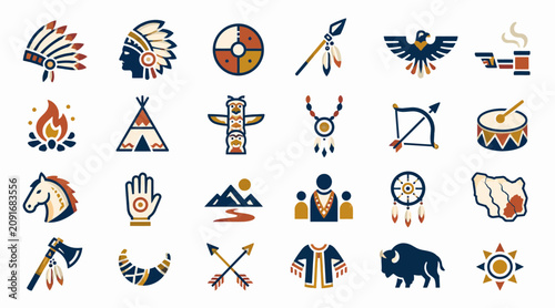 Quadro su tela Colorful Native American Symbols and Icons Collection.