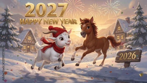 Festive new year illustration with horse goat and winter landscape for 2027 celebrations