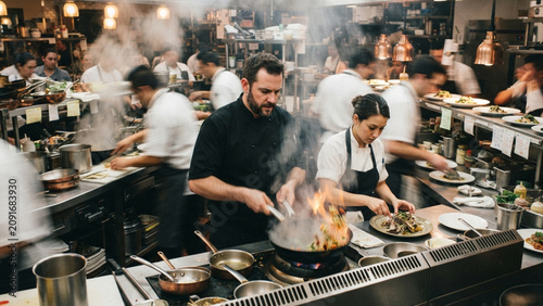 Busy Professional Kitchen with Chefs Cooking on Fire
