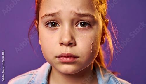 Young Girl Crying Against Purple Background