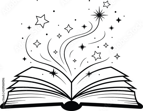Open book with flying star black color vector on white background.