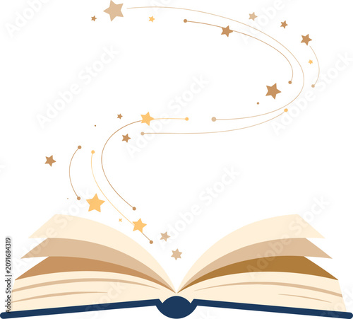 Open book with golden color star flying vector on white background.