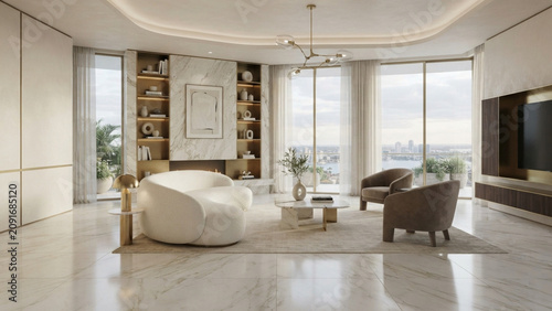 Elegant Apartment Living Room with Marble Fireplace and Skyline City View