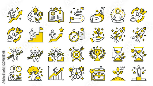Success and Growth Icons: Goal Achievement, Business Strategy, Innovation, and Personal Development