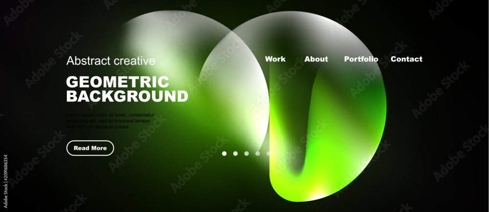 Naklejka premium Dark website mockup features fluid shapes, green gradients, text elements. Navigation includes work, about, portfolio, contact options.