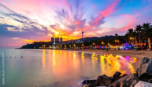 Sunset Beach Scene with City Lights and Reflections