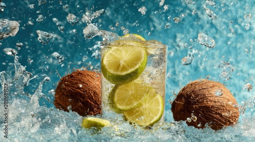 Lime slices float inside a refreshing glass of water surrounded by whole coconuts as splashing droplets create a dynamic and cool visual experience for summer beverages.