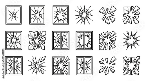 Foto Shattered Window Collection: Broken Glass Cracks and Fragments Icon Set