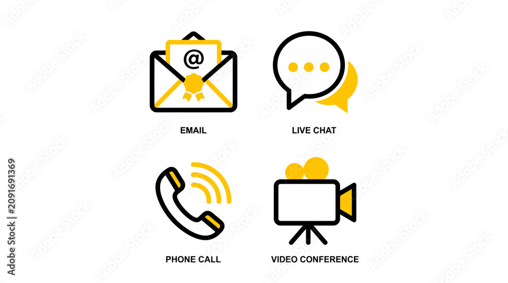 Fototapeta premium Isolated yellow icons depict communication methods including email, live chat, phone, and video call.