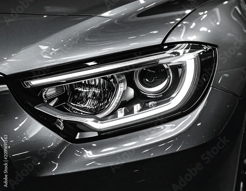 Illuminated Car Headlight in Close-up Studio View