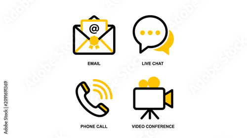Принти на полотні Isolated yellow icons depict communication methods including email, live chat, phone, and video call