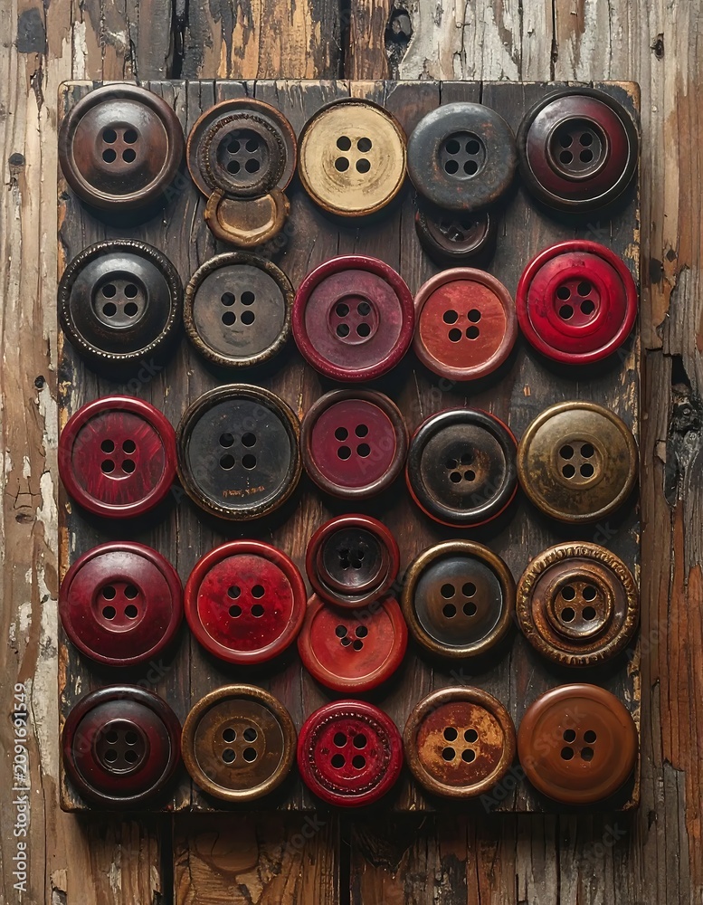 Fototapeta premium Assortment of Colorful Buttons Arranged on a Wooden Board.