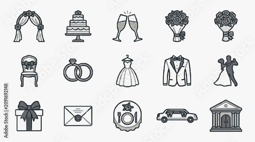Foto Dynamic Wedding Icons Set Black and White Illustrations of Wedding Elements Atti