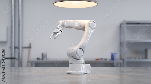 Modern White Robotic Arm Manipulator Situated on a Workshop Workbench Under Studio Lighting for Industrial Automation Research