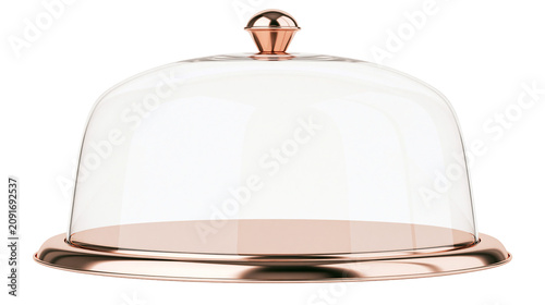 Clear glass dome cloche with rose gold base and knob, isolated on transparent background
