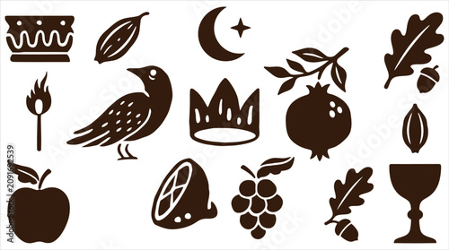 Obraz na płótnie Mystical and Nature Inspired Vector Silhouettes Set Featuring Folk Art Symbols,