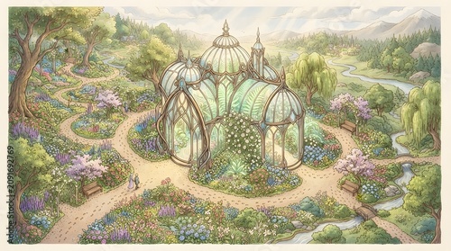 Charming fairytale map illustration of an Elven glass solarium and blooming flower gardens, featuring no text and no borders.