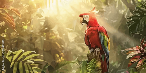 Tableau sur toile Vibrant fire flame icon vector illustration,Majestic scarlet macaw parrot perche