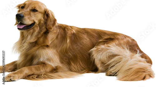Obraz na płótnie Golden Retriever dog lying down panting with tongue out, isolated on transparent
