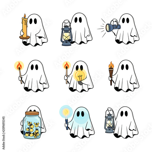 Friendly ghosts holding different light sources and lanterns set