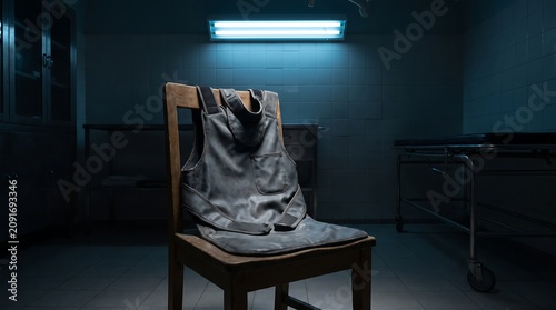 Lead protective apron on a wooden chair in a dark moody medical X-ray room