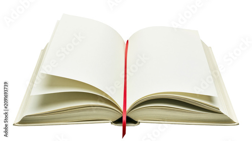 Fotografie Open blank book with red ribbon bookmark, isolated on transparent background