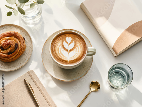 Aesthetic coffee latte art with delicious pastry and notebook,elegant morning breakfast table,chicken and colorful vegetables, organized clean eating food preparation flatlay,healthy detox beverage