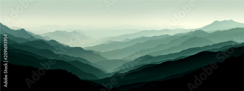 Tableau sur toile Misty mountain range shrouded atmospheric haze, layering undulating peaks deep emerald hues create serene, majestic panorama